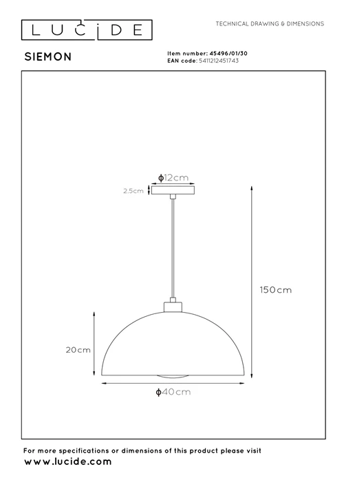 Lucide SIEMON - Hanglamp - Ø 40 cm - 1xE27 - Zwart - technisch